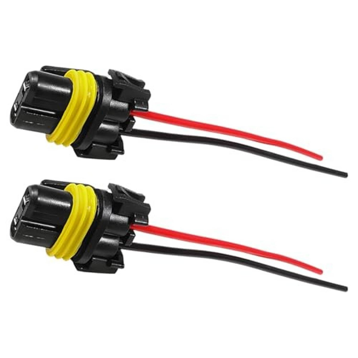 Two headlight socket wiring harness connectors, yellow-ring plugs with red and black leads