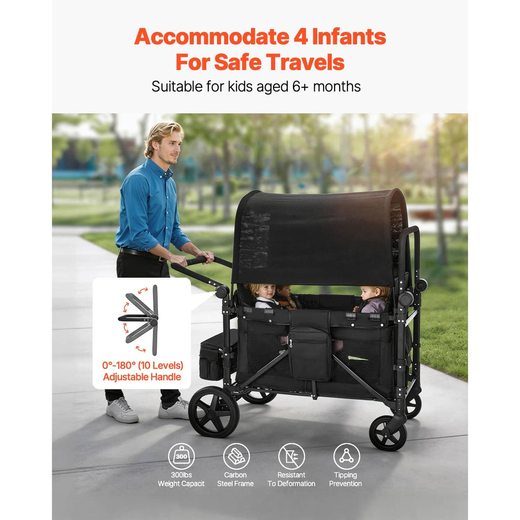 Black 4-seat stroller with large canopy, adjustable seating for infants