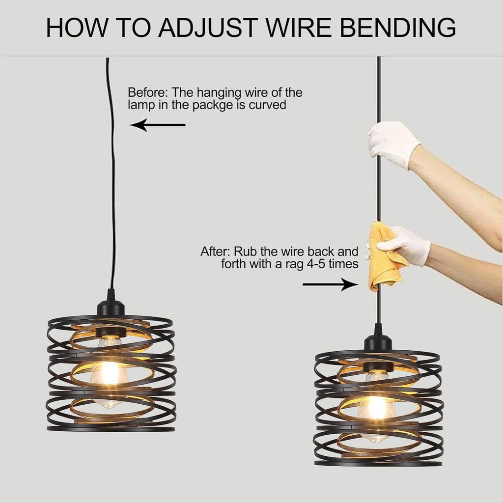 Pendant light showing wire bending adjustment with spiral cage lamp housing