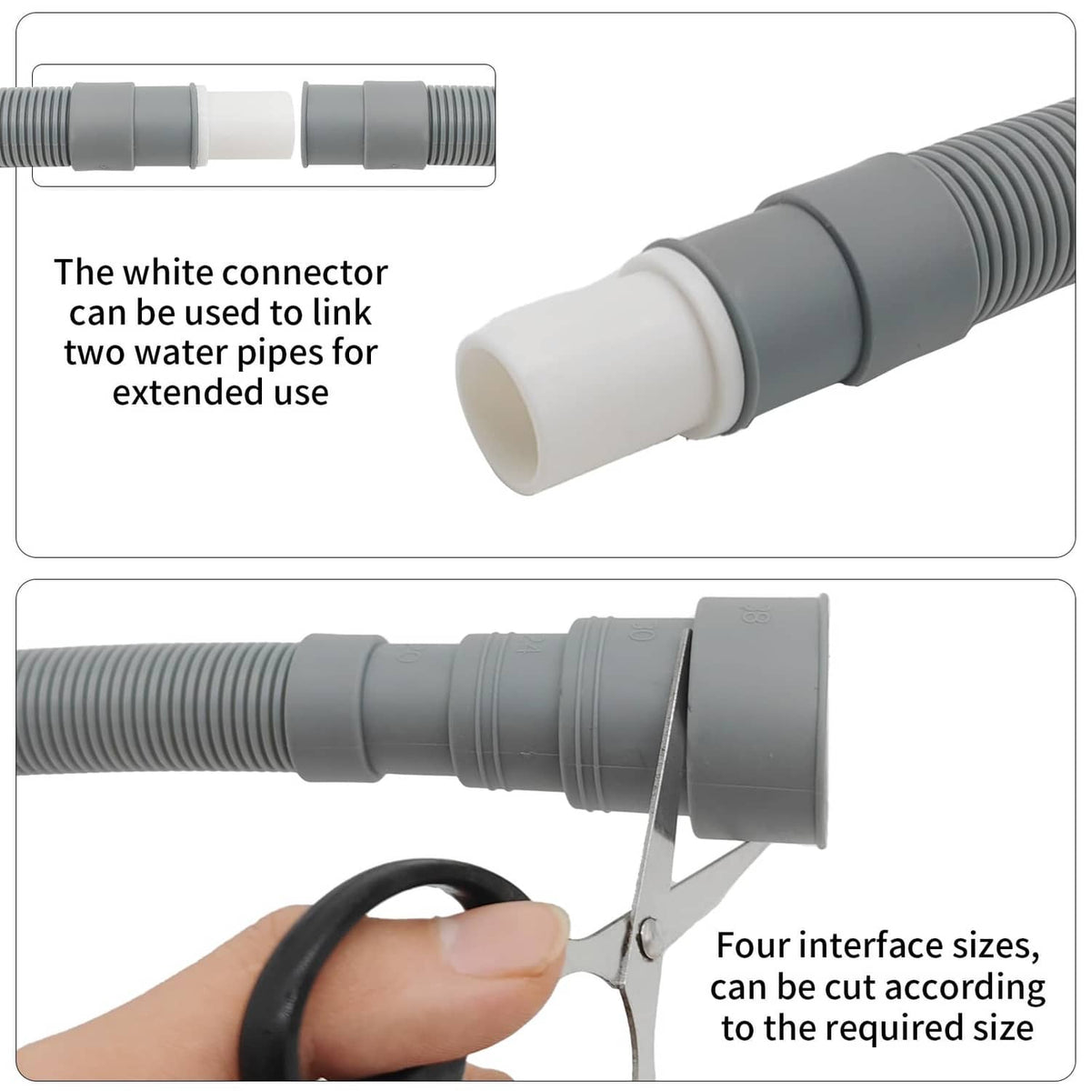 Gray drain hose extension with white connector for linking pipes and size-cut segments