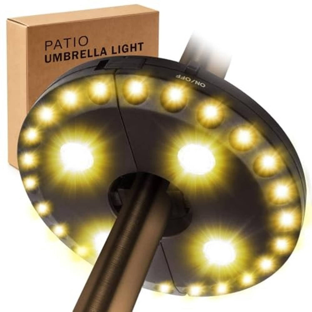 Patio umbrella light LED ring with warm white bulbs on black clamp for umbrella poles