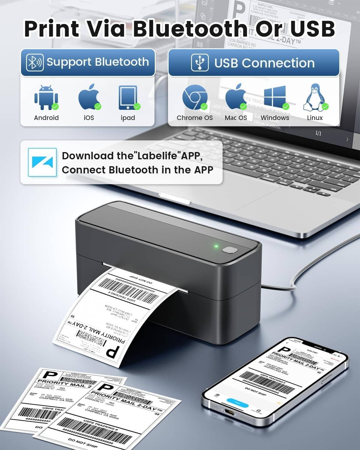 Gray shipping label printer angled with several printed 4x6 labels and cables