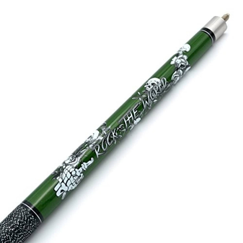 Green pool cue stick with decorative lettering and black textured grip