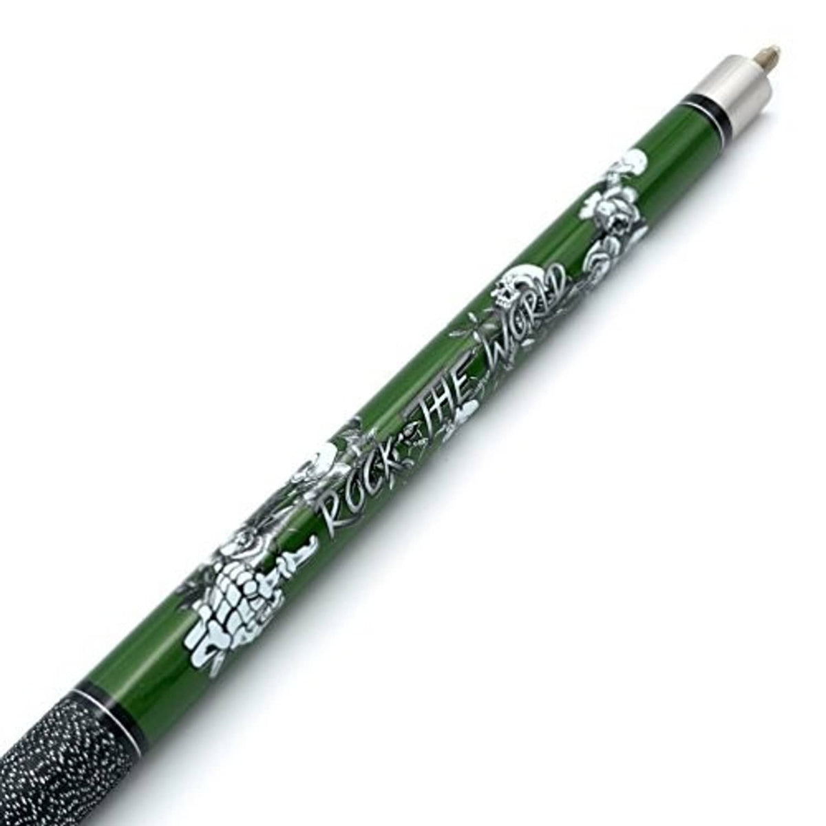 Green pool cue stick with decorative lettering and black textured grip