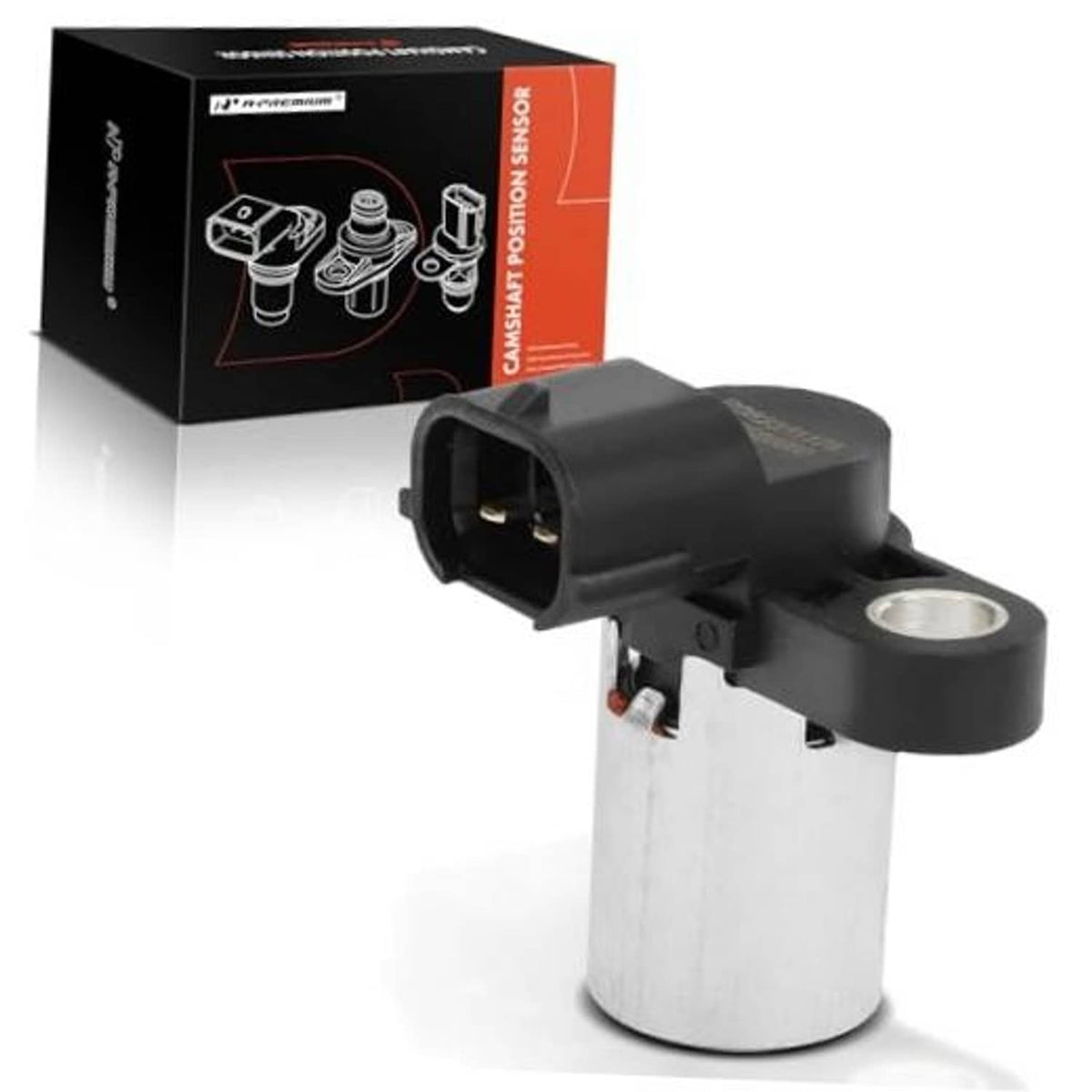 Black engine camshaft position sensor with electrical plug and metal mounting tab