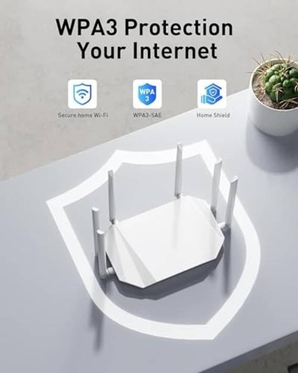 White WiFi router with four antennas displayed on a WPA3 security themed graphic.