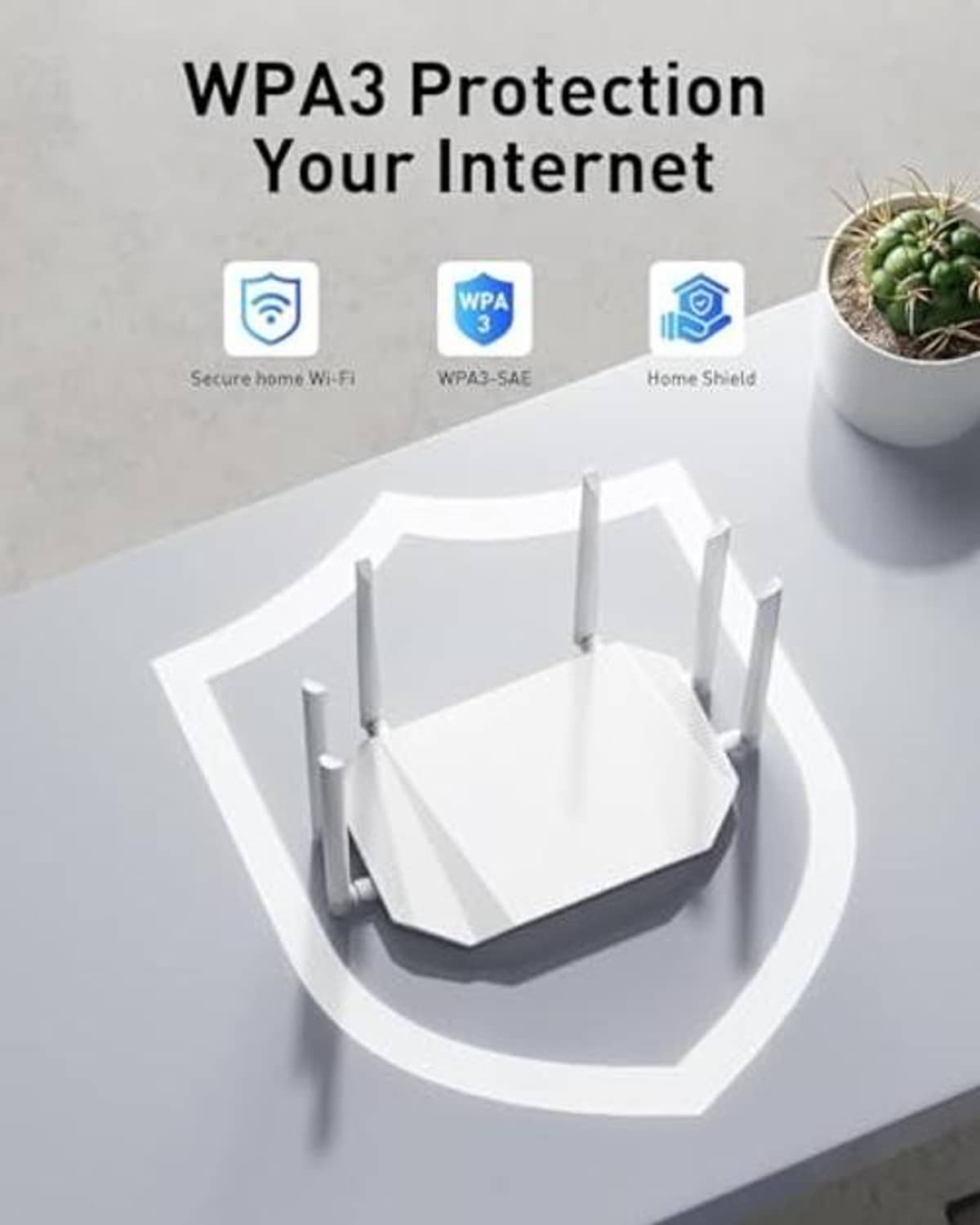 White WiFi router with four antennas displayed on a WPA3 security themed graphic.