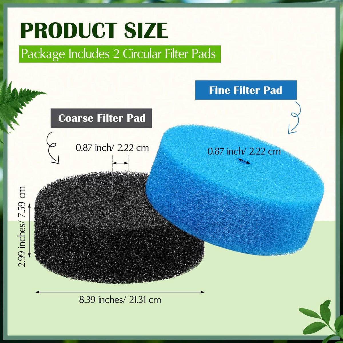 Two circular pond filter pads: blue fine pad in front, black coarse pad behind