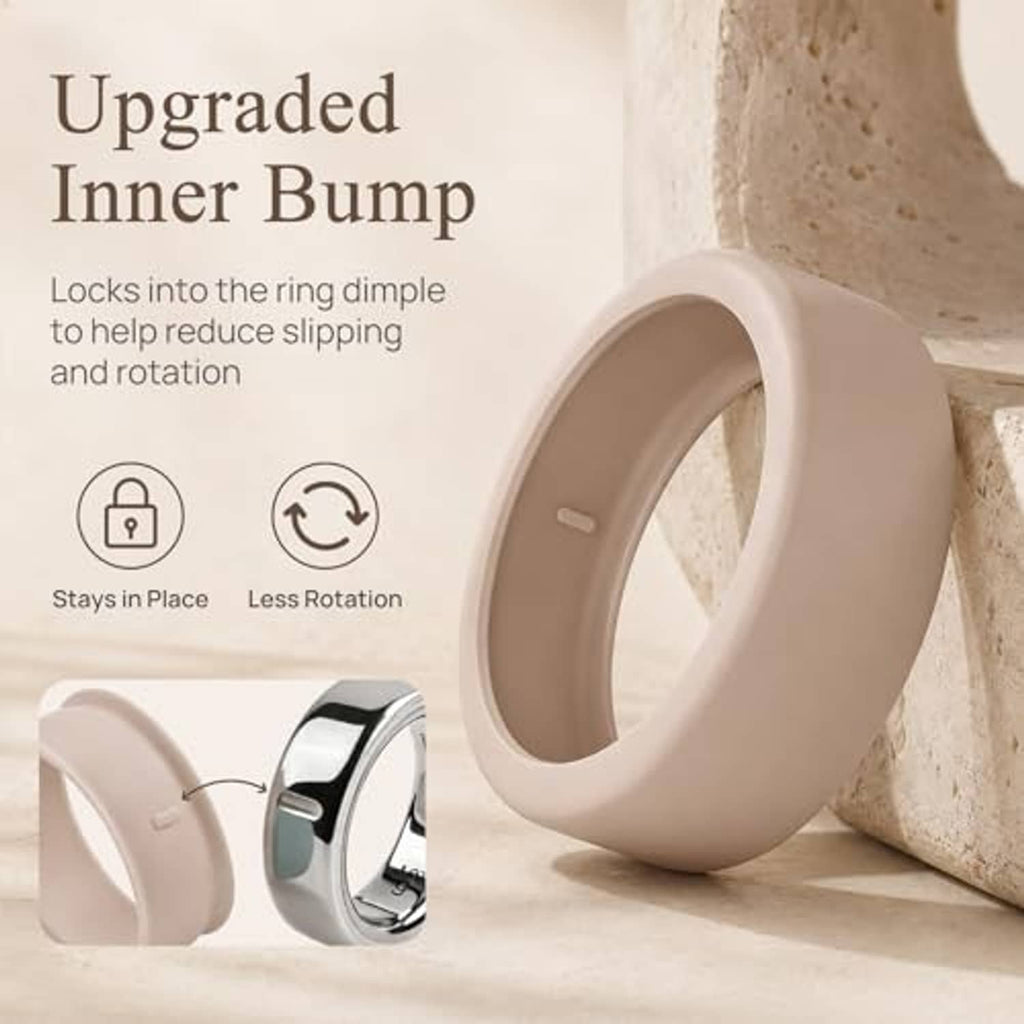 Taupe ring cover for Oura Ring Gen 4, standing upright on a textured surface