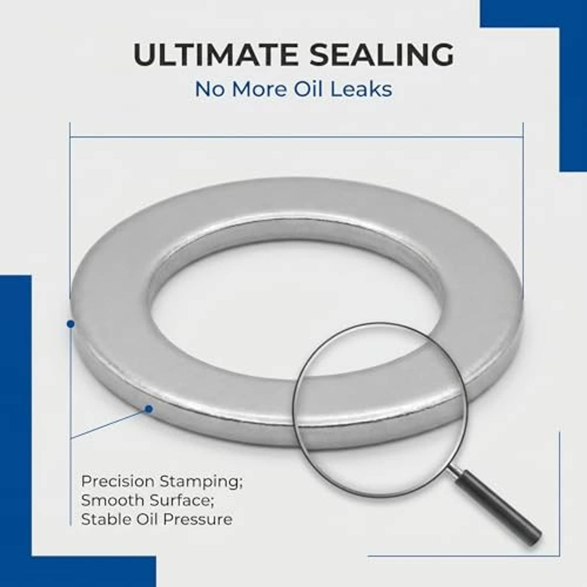 Flat metallic silver aluminum crush washer with smooth surface