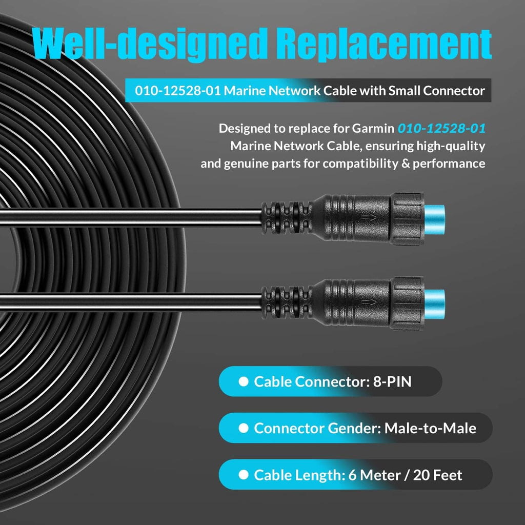 Black marine network cable with small 8-pin male connectors, blue connector inserts