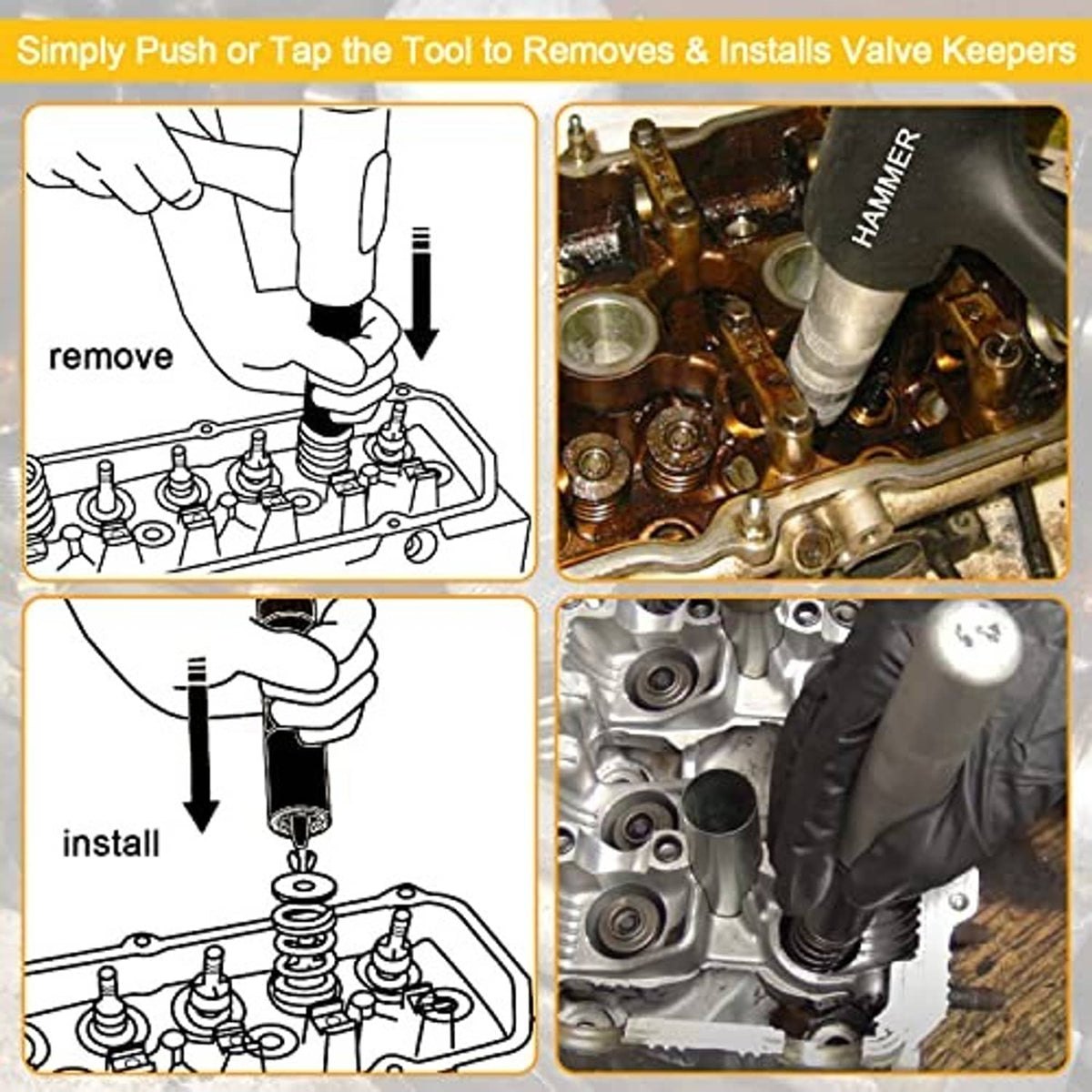 Valve keeper installer tool with black end and silver shaft shown on engine components