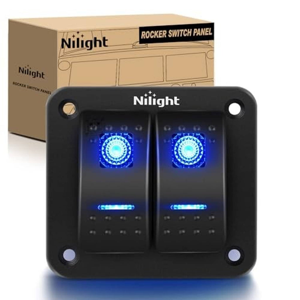 Nilight 2-gang rocker switch panel with blue LED indicators, black housing