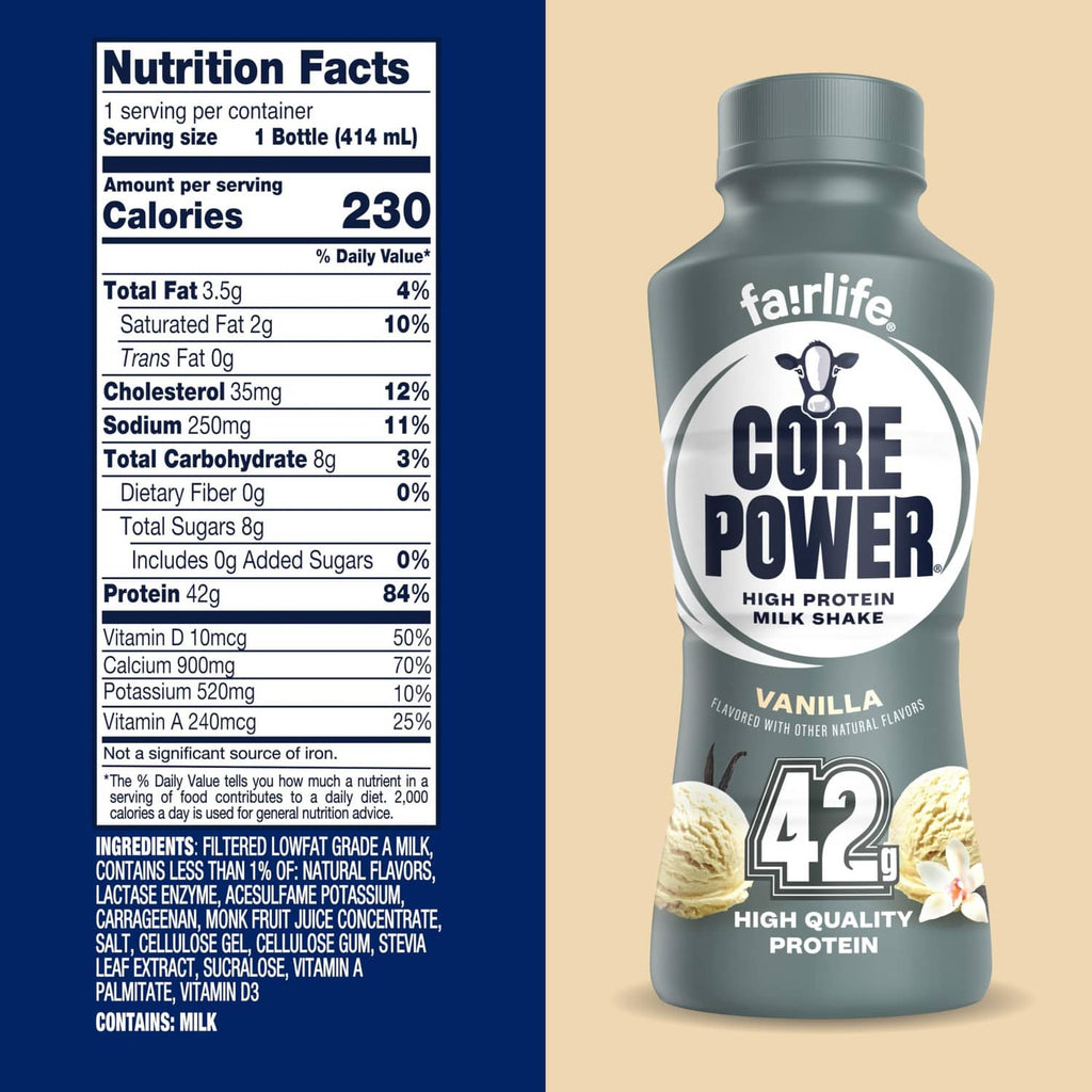 Vanilla protein shake bottle with Nutrition Facts panel, 230 calories