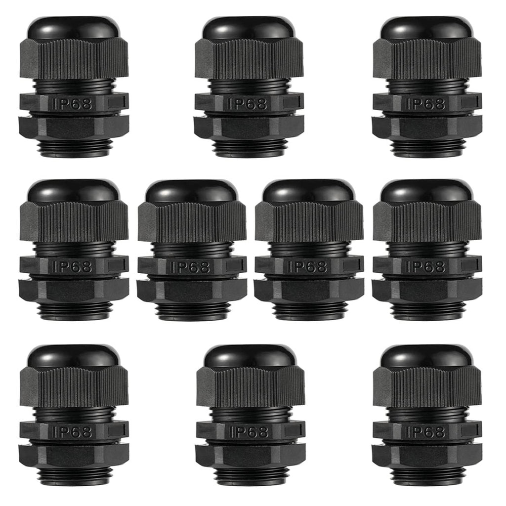 Black nylon cable gland with IP68 marking, NPT threads, strain relief connector