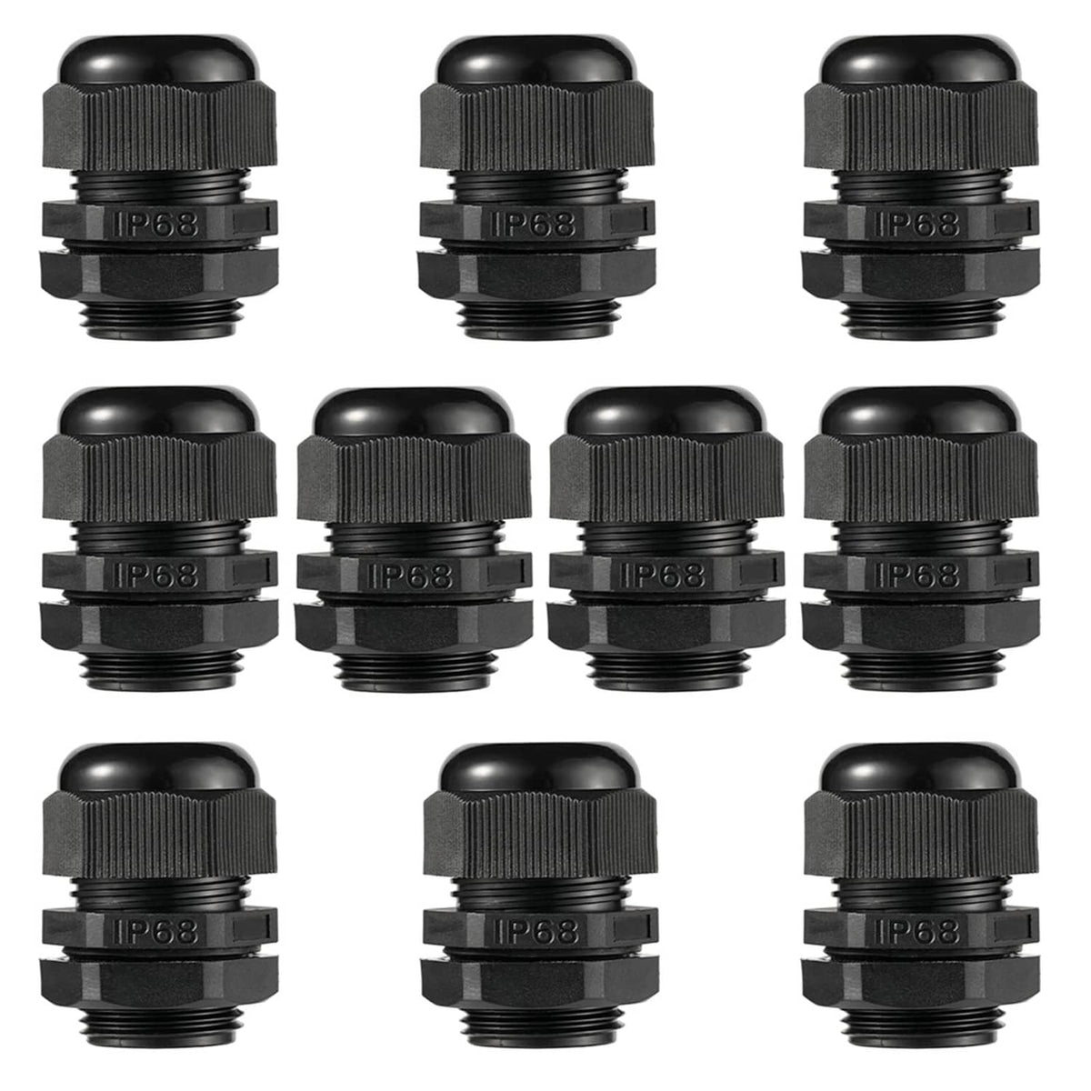 Black nylon cable gland with IP68 marking, NPT threads, strain relief connector