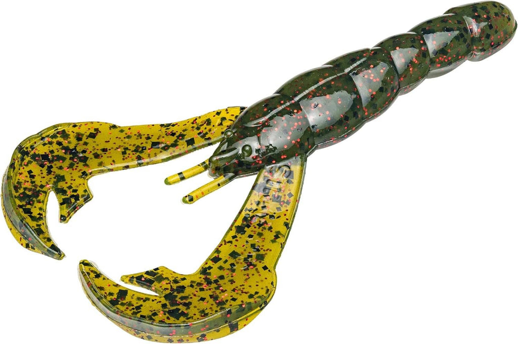 Soft plastic craw bait angled side view, segmented dark green body and yellow speckled tail
