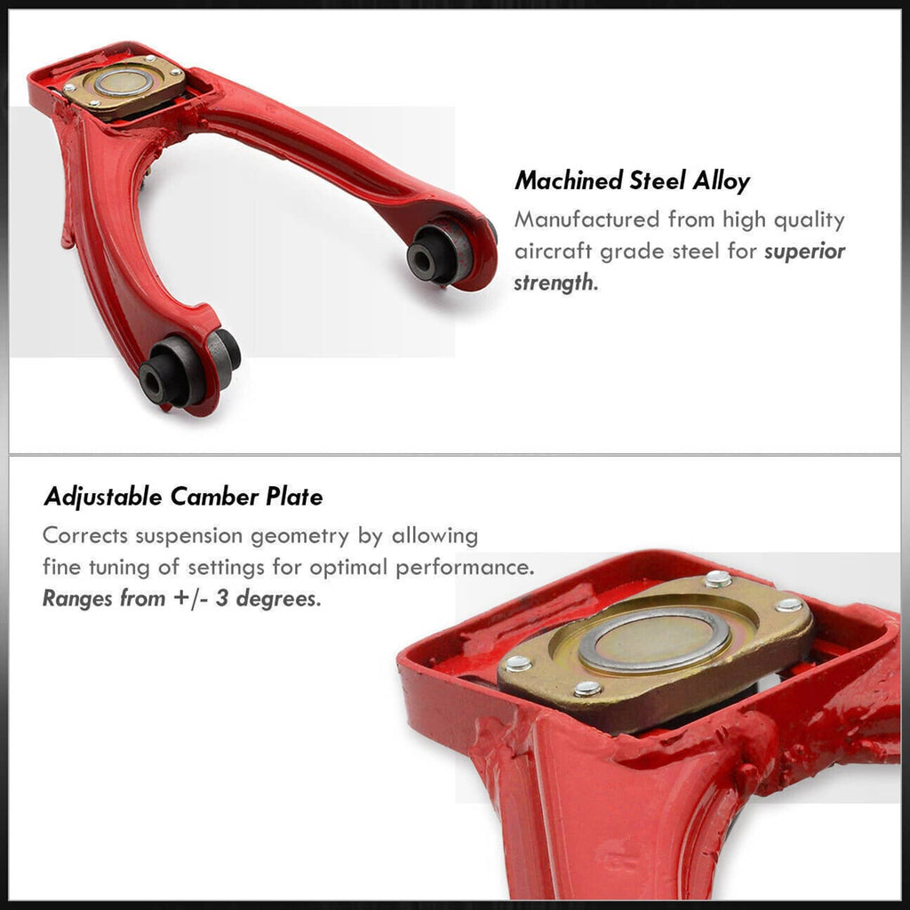 Red adjustable camber control arms with machined steel alloy construction and mounting plates