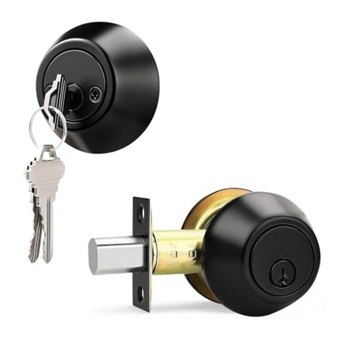 Black keyed-alike double cylinder deadbolt door lock with two keys and latch hardware