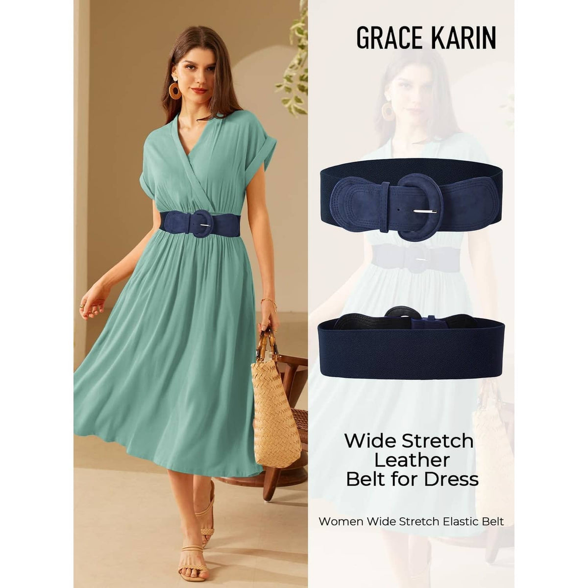 Navy suede wide elastic belt with round hook buckle on teal dress