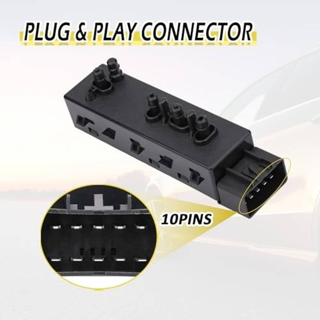 Black power seat switch module with 10-pin plug and rocker button sockets