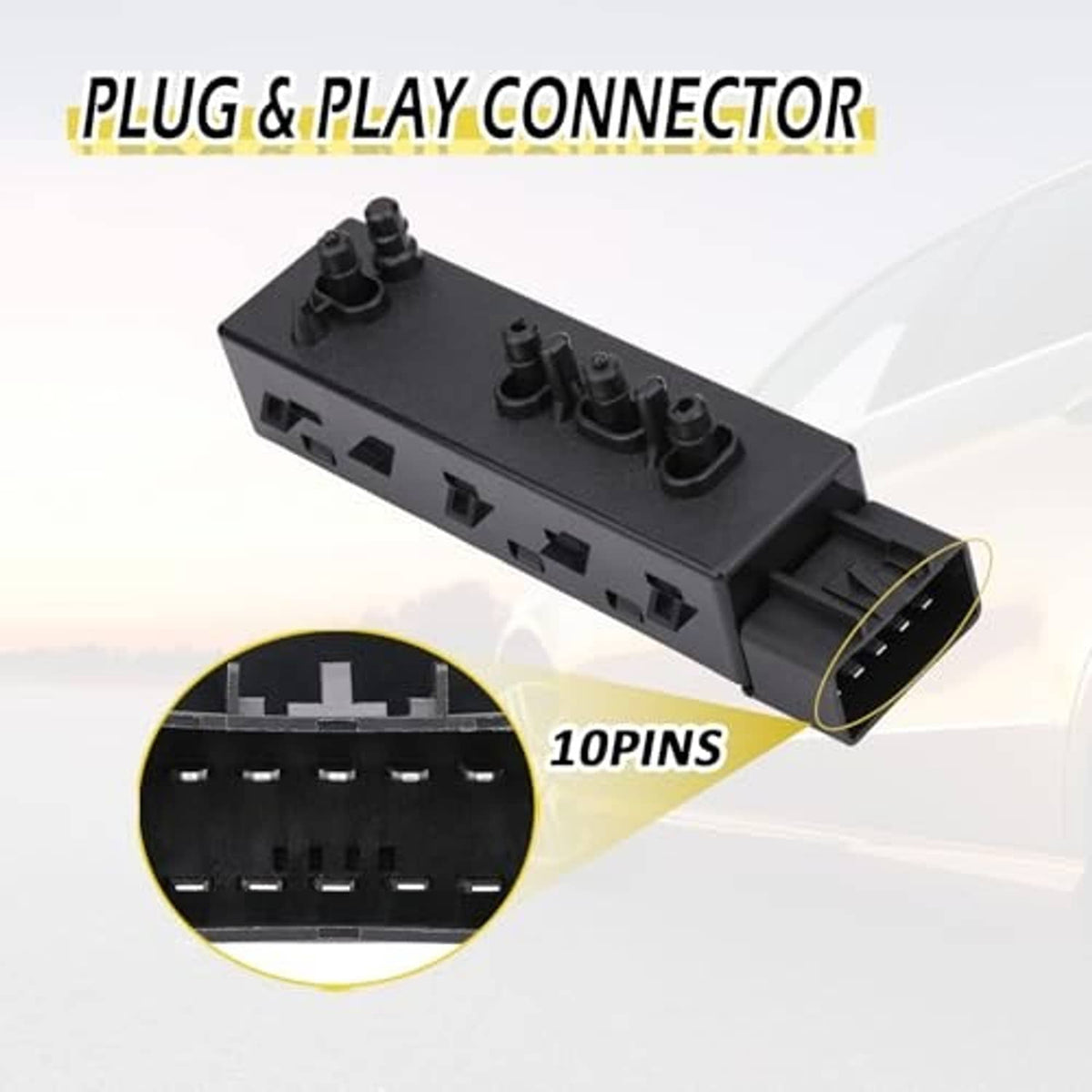 Black power seat switch module with 10-pin plug and rocker button sockets