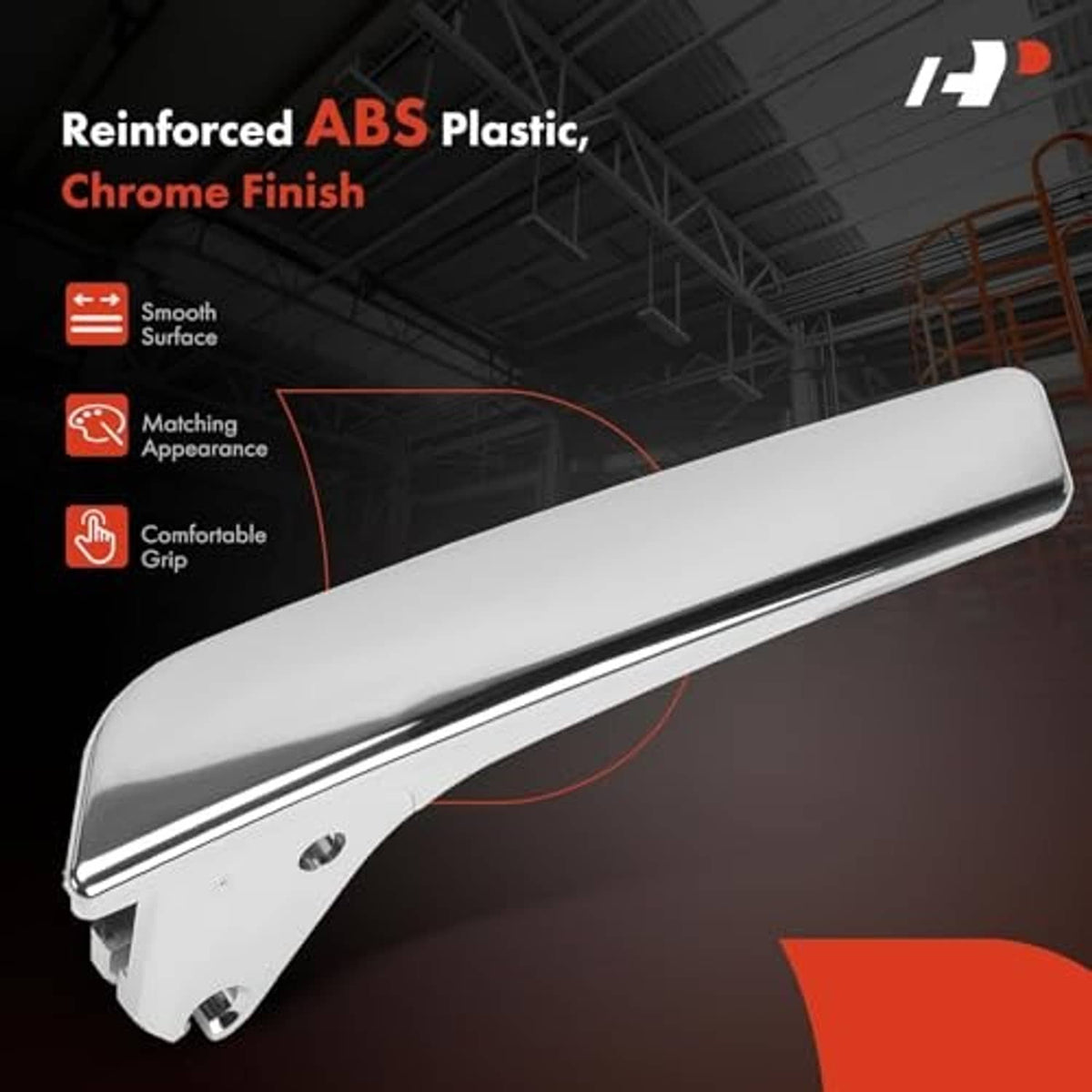 Interior door handle lever with smooth white ABS body and chrome finish edge