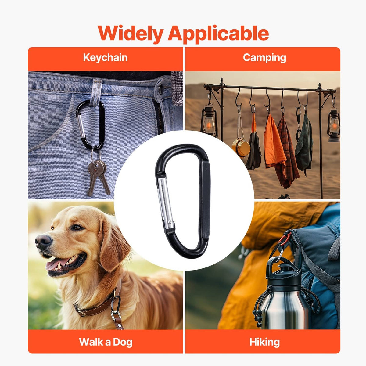 Black spring clip carabiner keyring, shown alone on a product collage background.