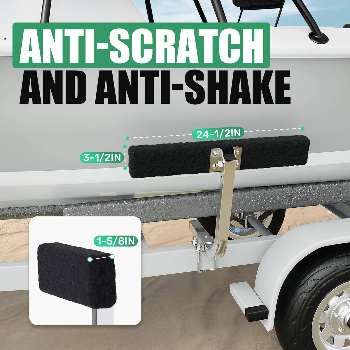 Anti-scratch, anti-shake boat trailer guide-on pads on galvanized bunk brackets