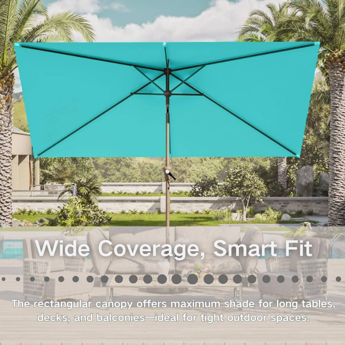 Teal rectangular patio umbrella with wide canopy for long table coverage