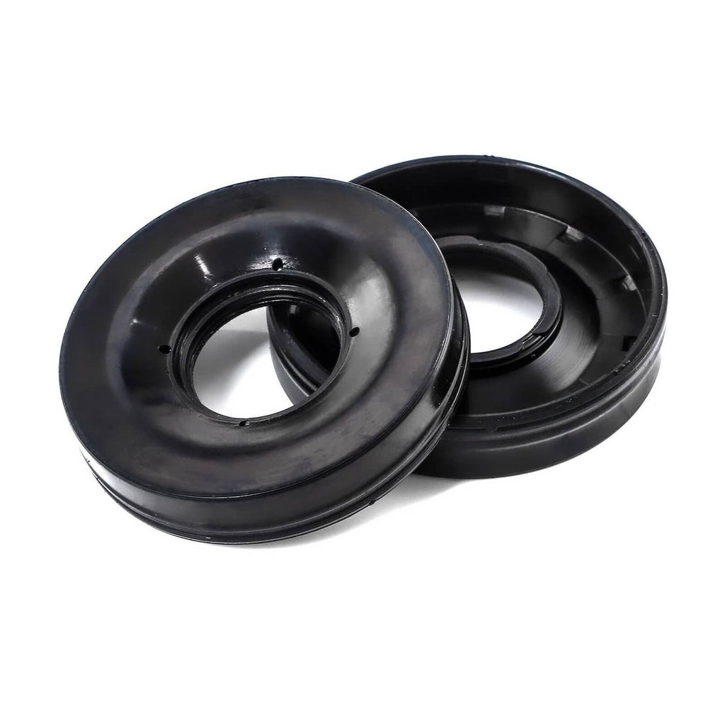 Two black rubber seals with metal ring openings