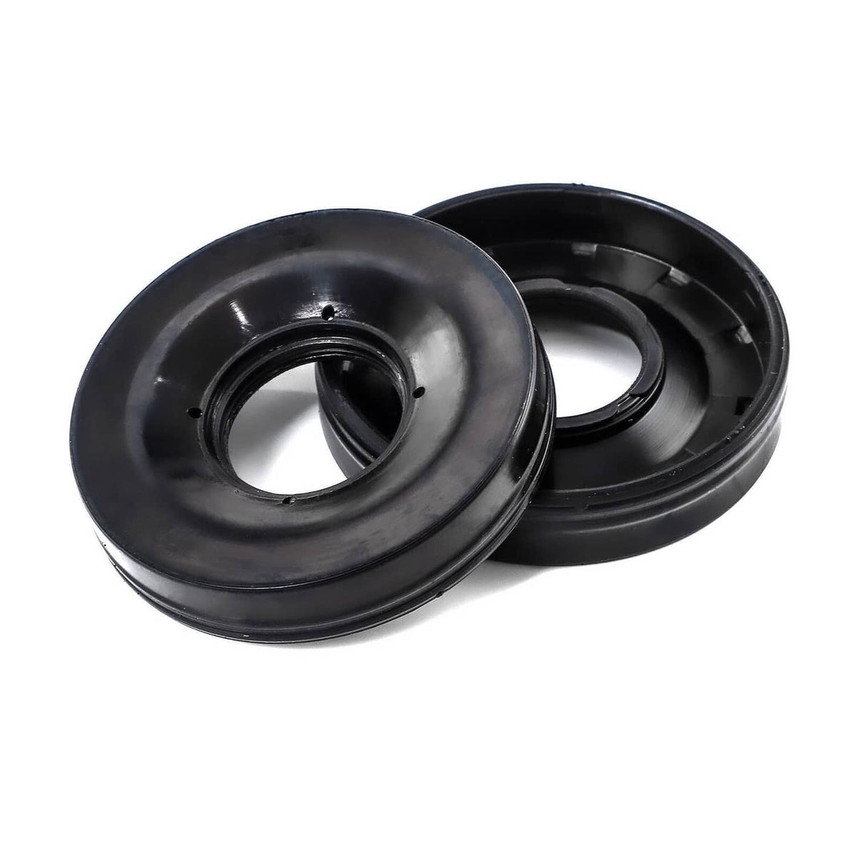 Two black rubber seals with metal ring openings