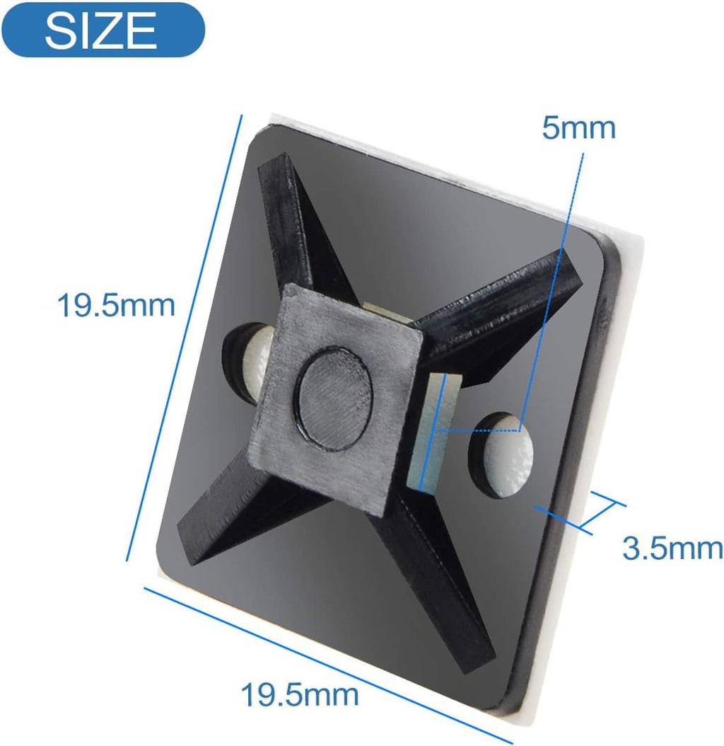 Black foam zip tie mount clip size: 19.5mm square, 5mm thick, 3.5mm base