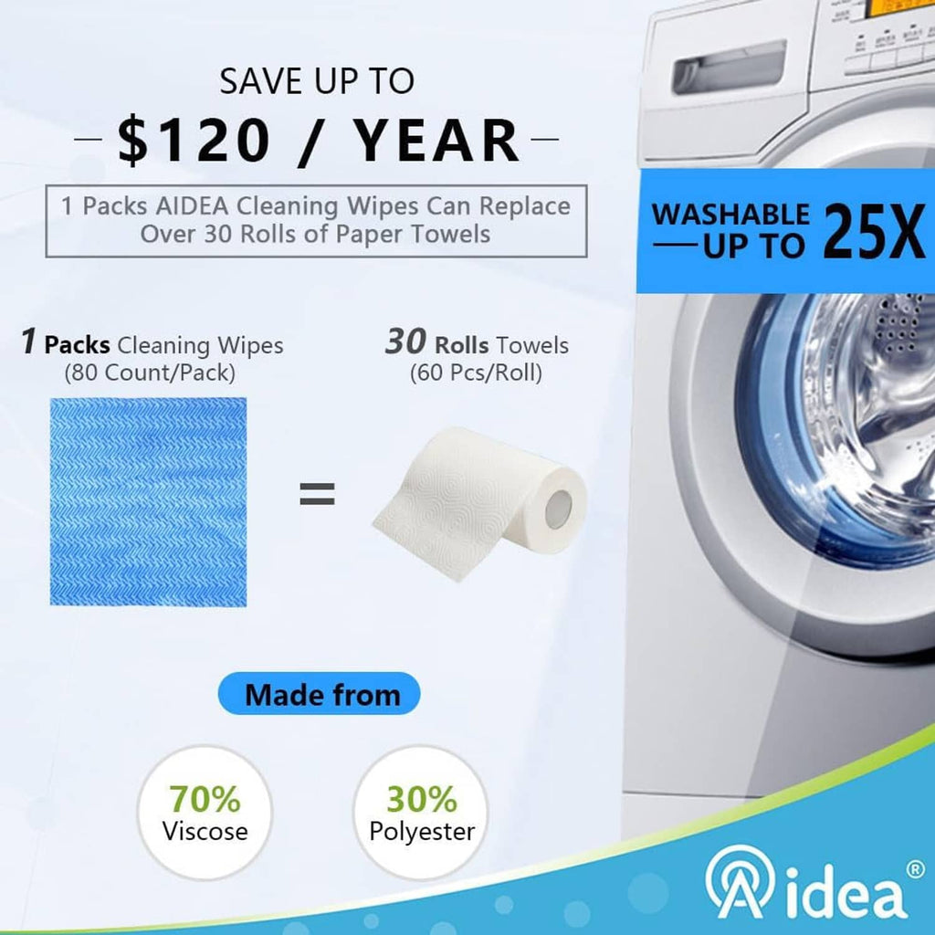 Blue cleaning cloth pack with reusable material blend icons on front panel.
