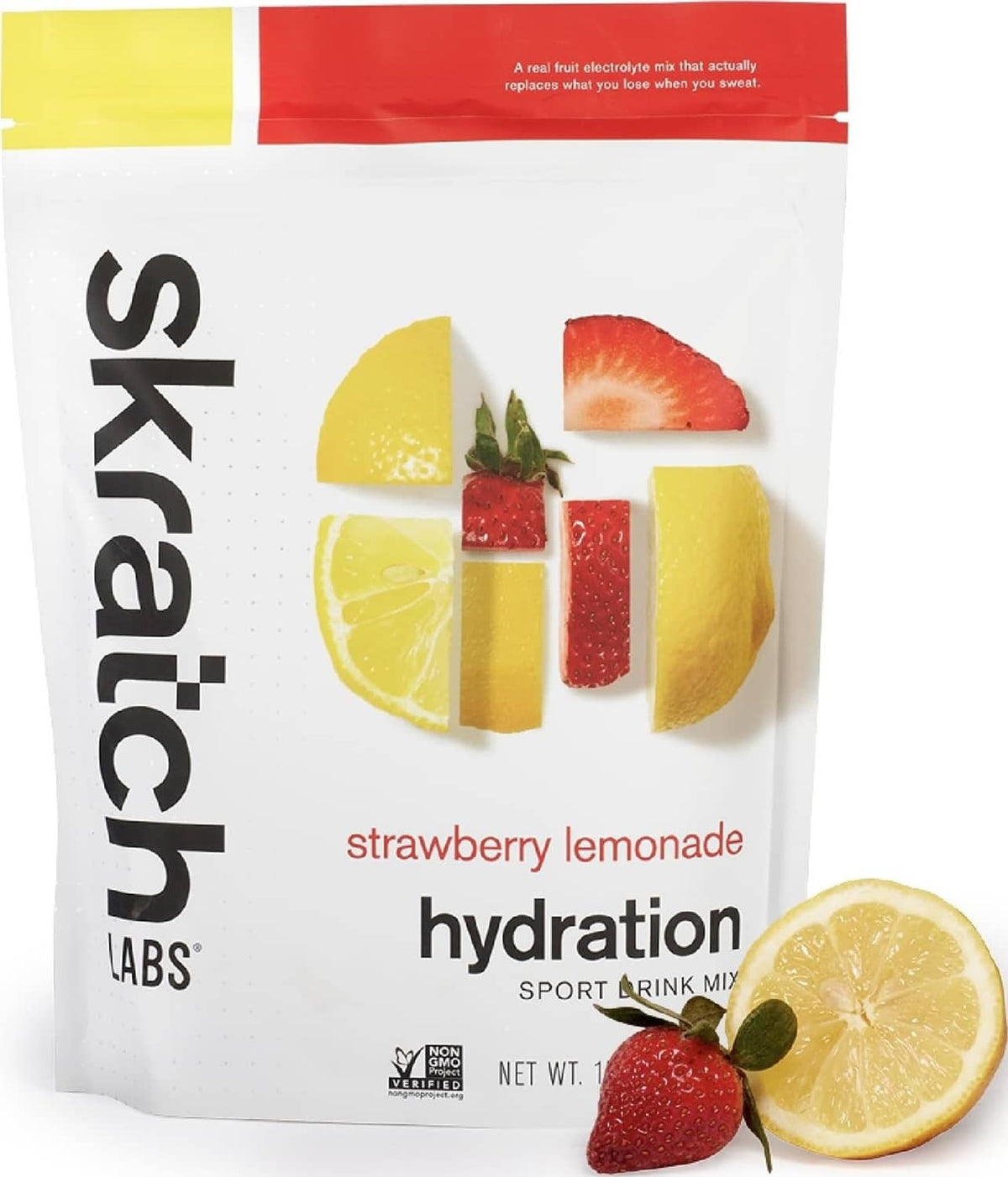 Hydration sports drink mix pouch with strawberry lemonade flavor graphics and citrus fruit