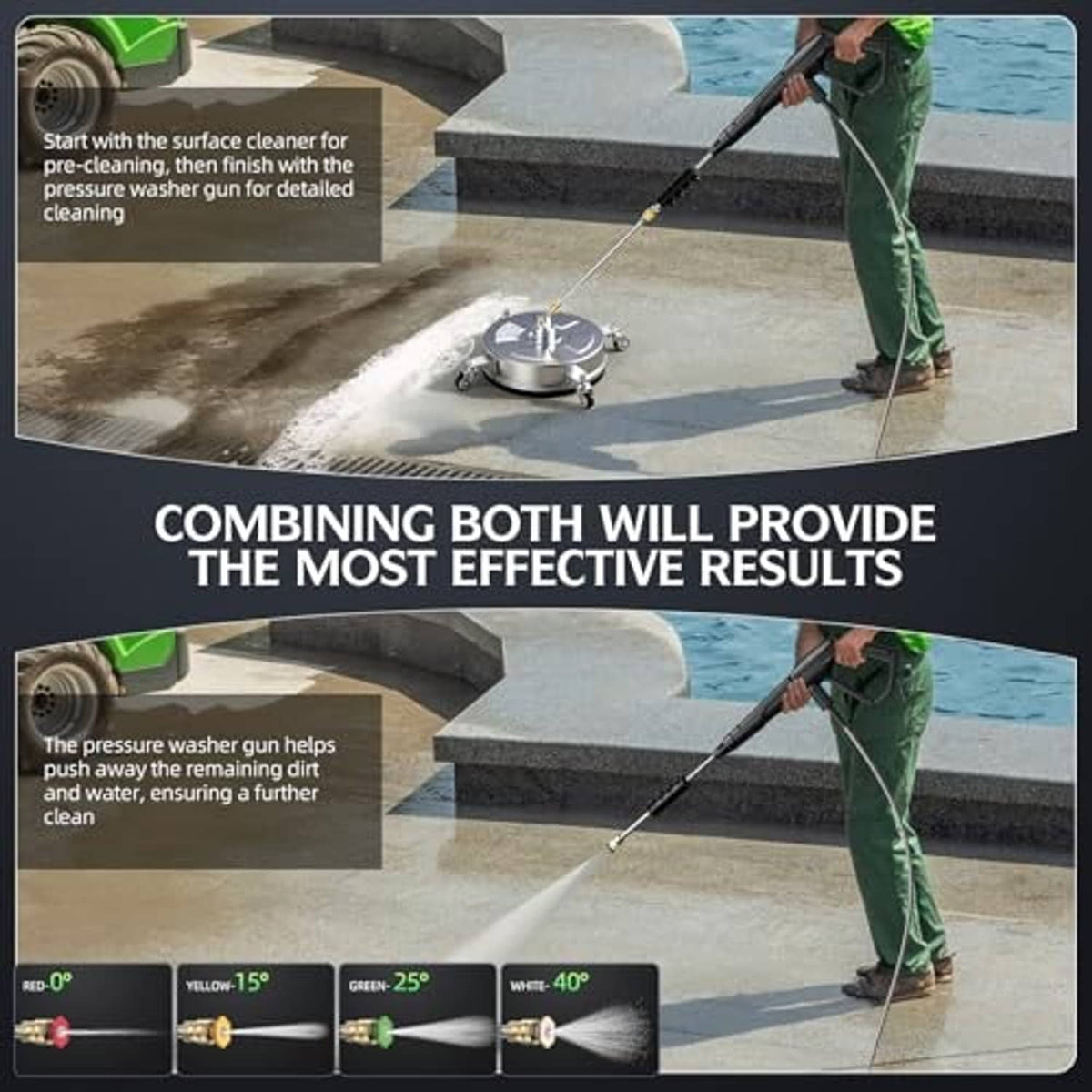 14 in pressure washer surface cleaner running on pavement with central spray wand and wheels