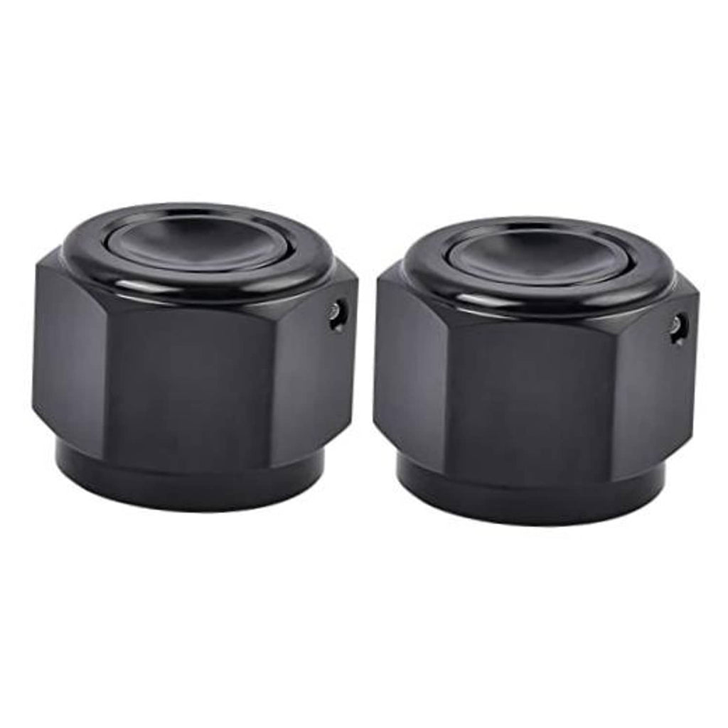 Pair of black 10AN flare cap block-off plugs, hex bodies with internal threads
