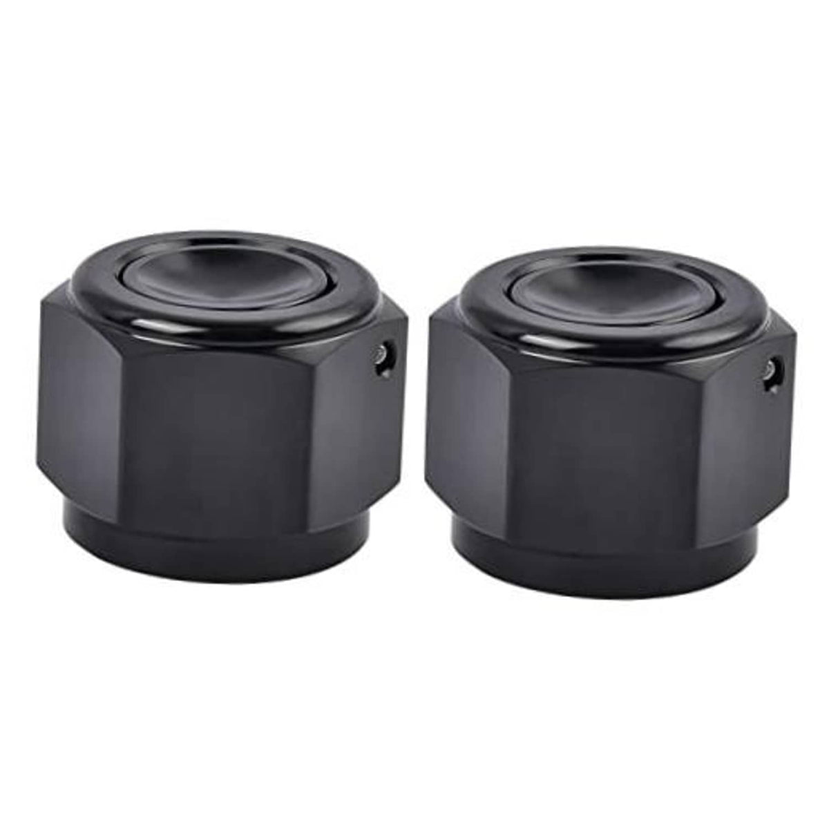 Pair of black 10AN flare cap block-off plugs, hex bodies with internal threads
