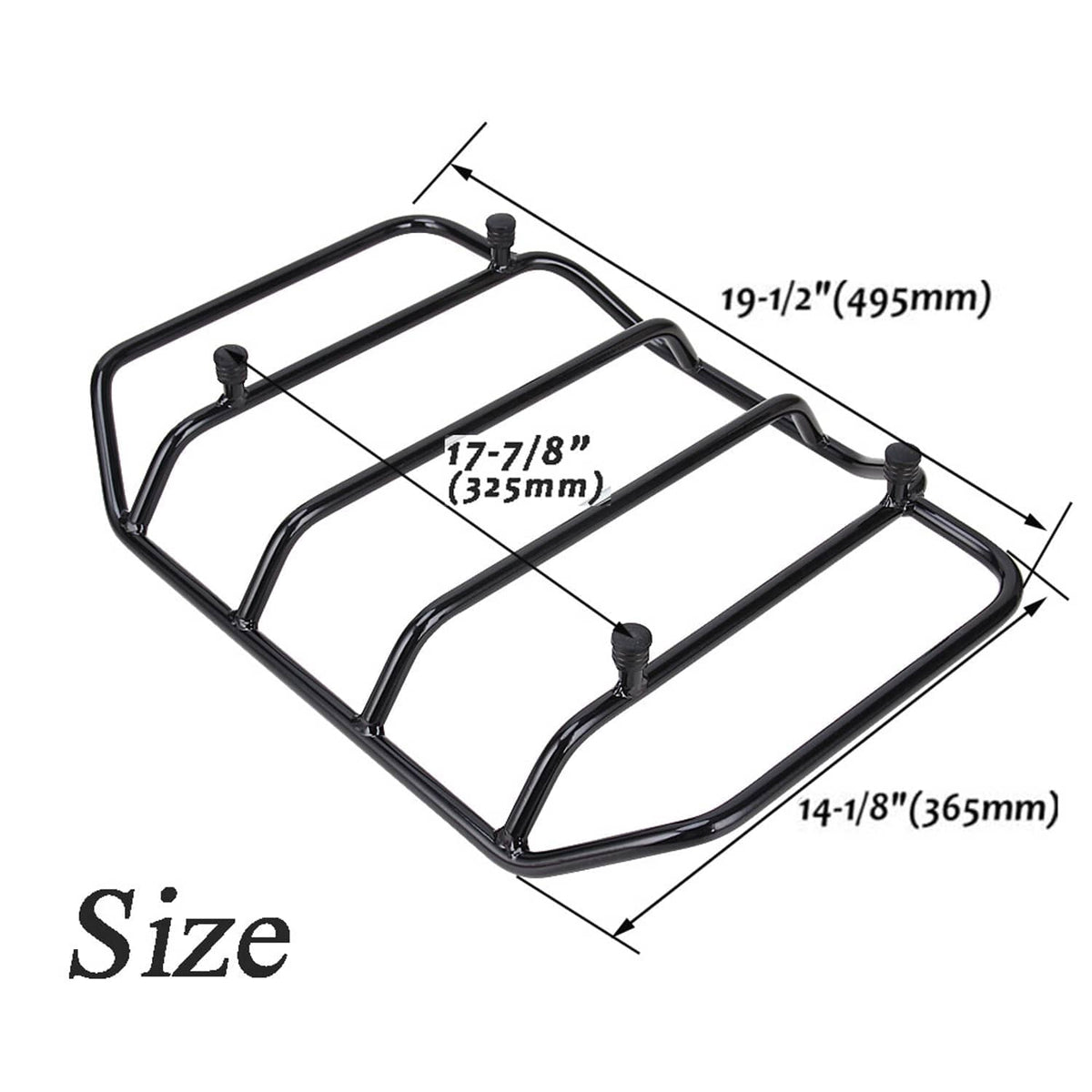 Black metal luggage top rack with labeled size dimensions (no scale)