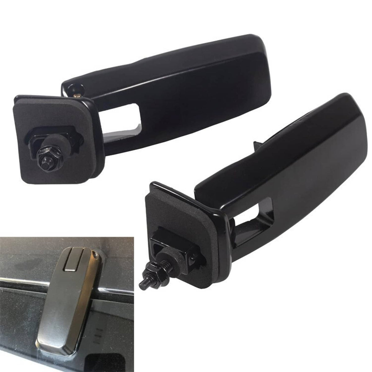 Black liftgate window hinge pair with screw posts, installation side view
