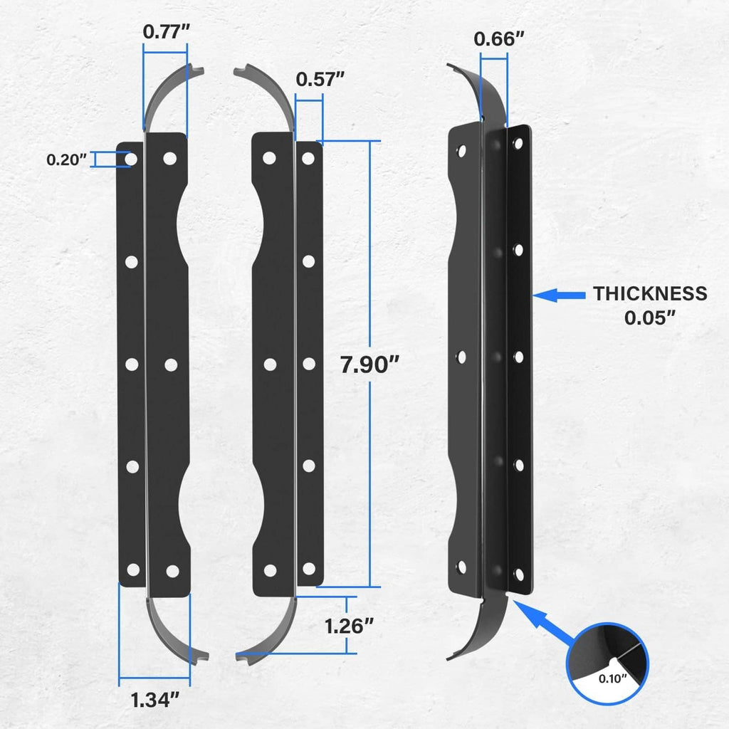 Black flush-mount bracket pair with curved bases and labeled dimension markers
