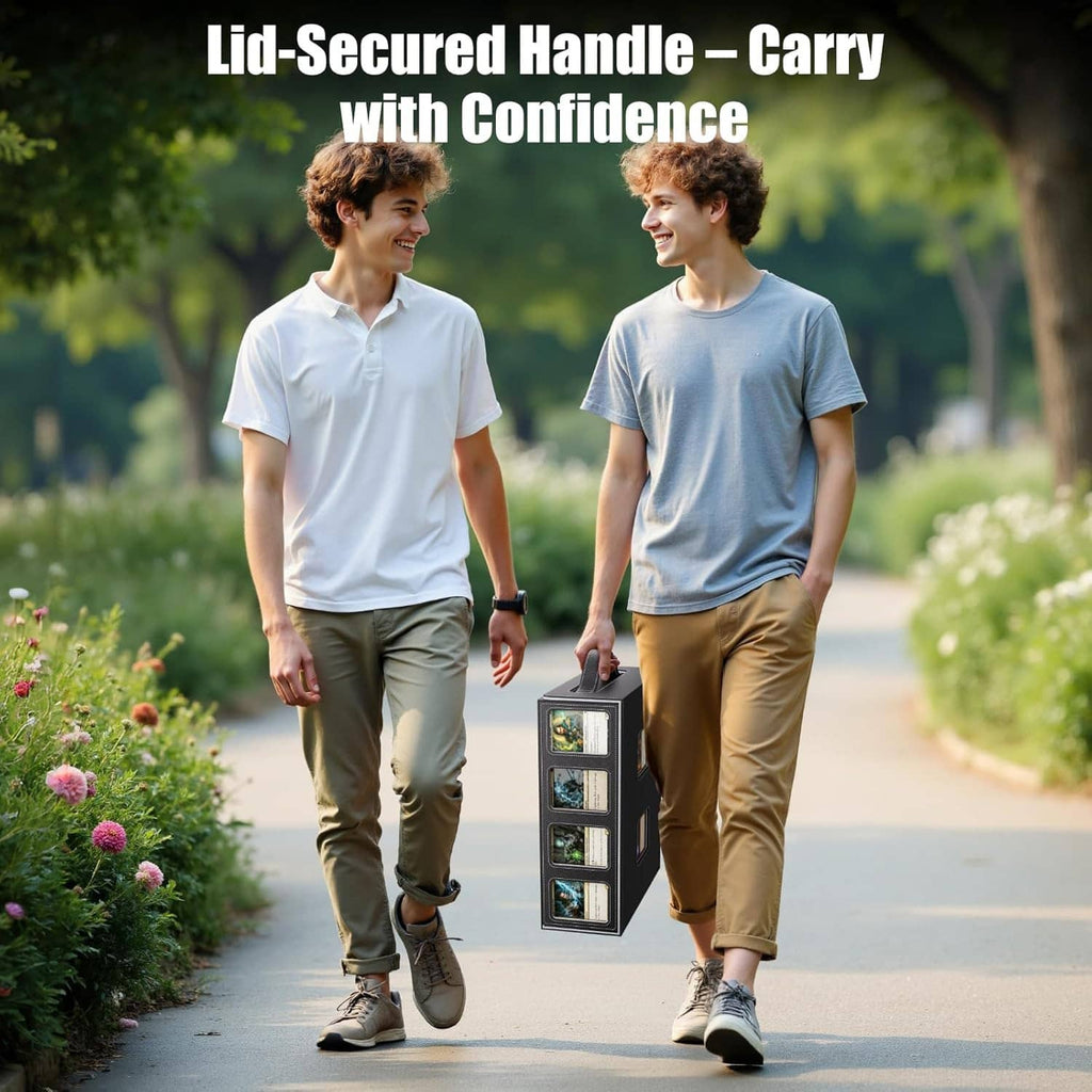 Gray trading card storage box with secure lid handle, carried by two people.