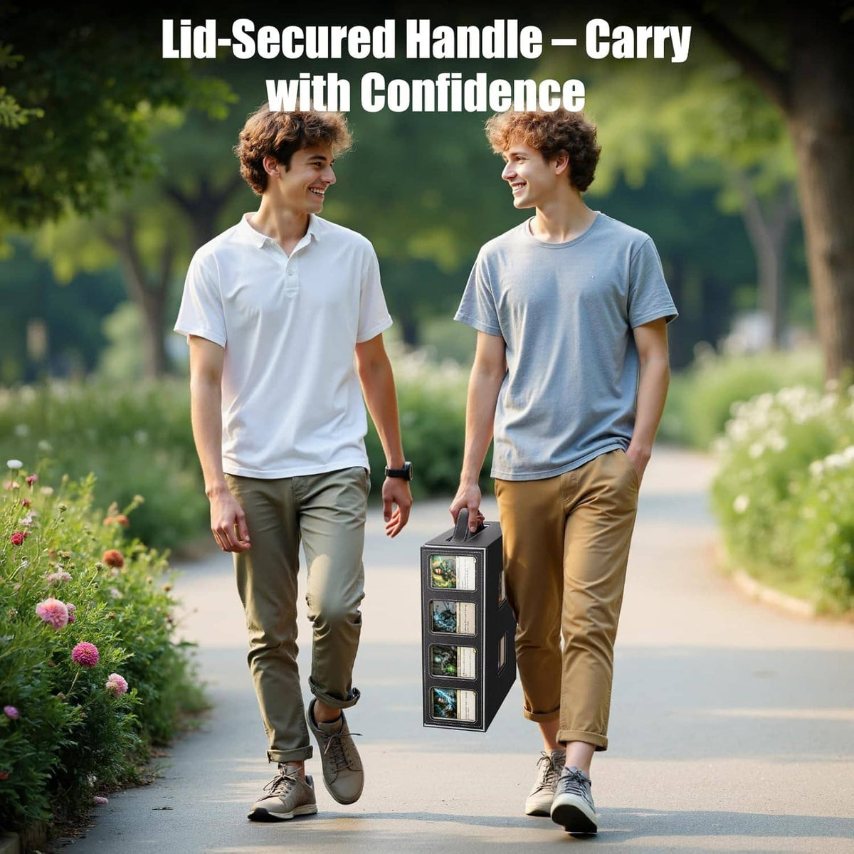 Gray trading card storage box with secure lid handle, carried by two people.