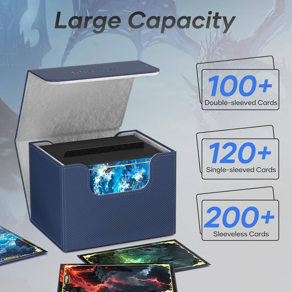 Blue card deck box with open lid and gray inner lining for storing cards.