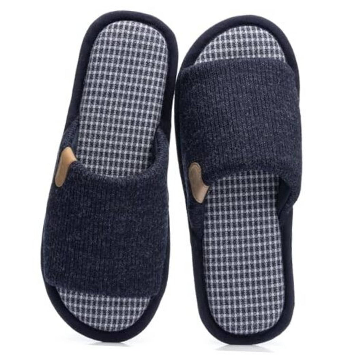 Men's navy memory foam slippers, plaid inner lining and cushioned slip-on design