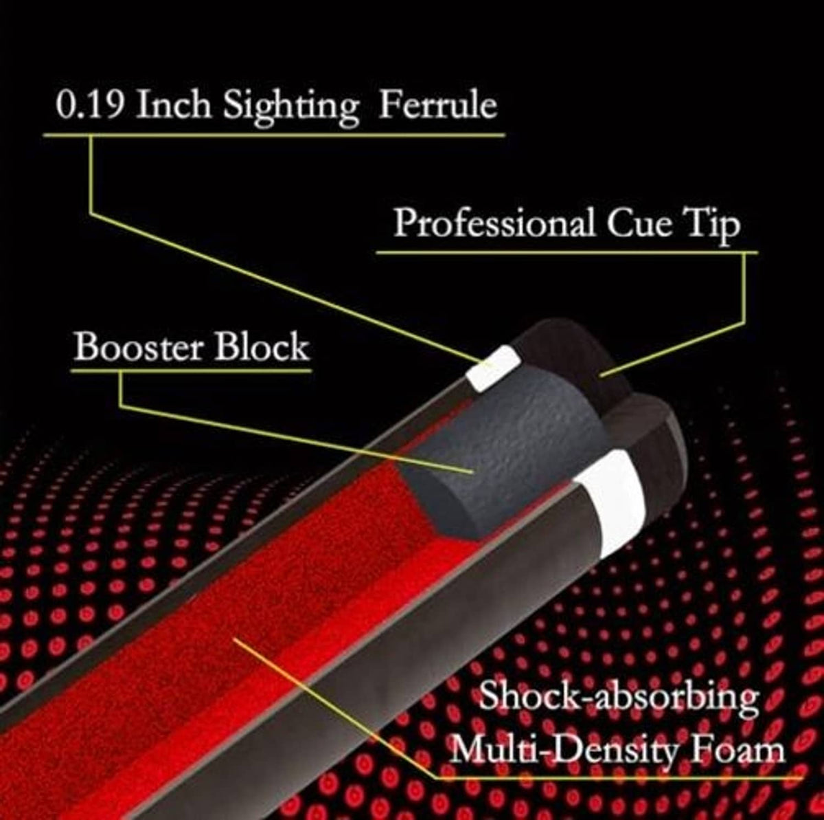 Pool cue tip area with white ferrule and red shock-absorbing insert