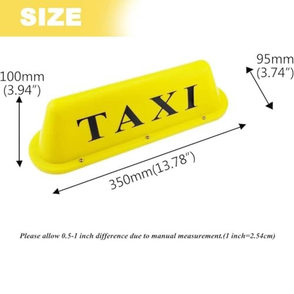 Yellow TAXI roof sign light shown with size diagram