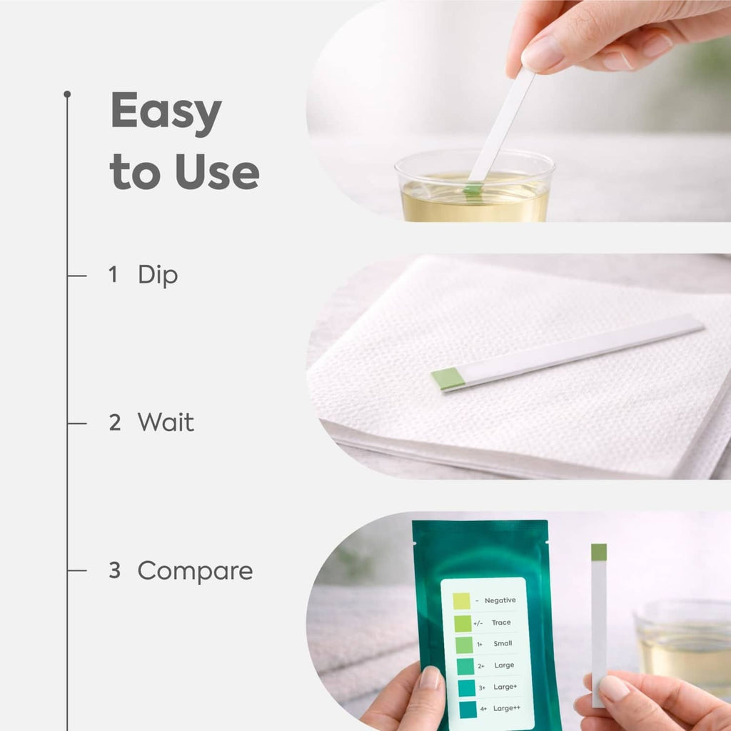 Urine protein test strip held for dipping and comparing results