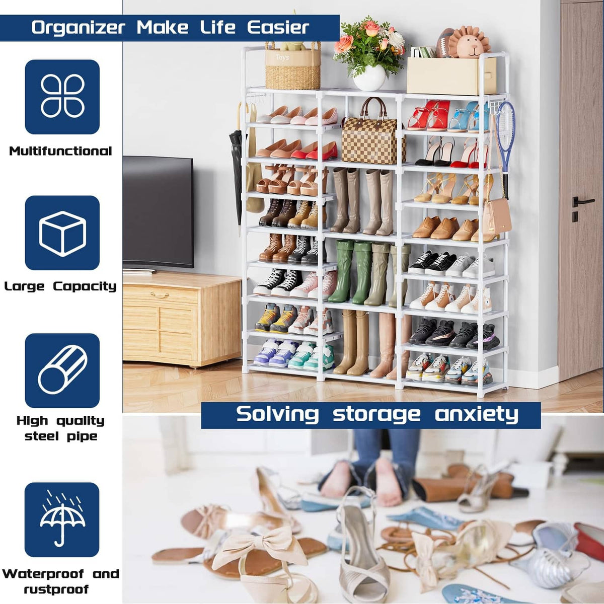 White tall 9-tier shoe rack organizer with multifunctional design and hooks