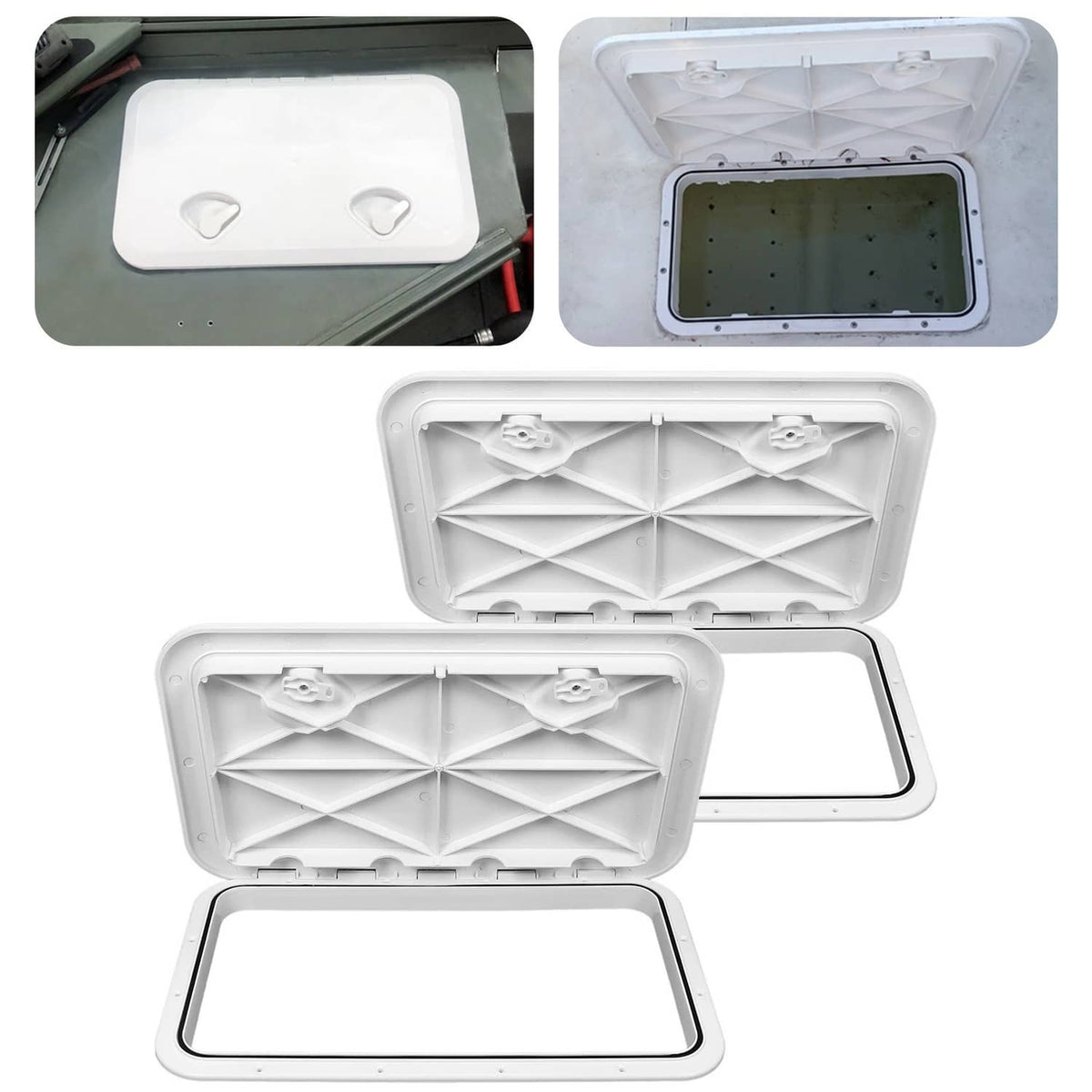 White marine deck access hatch with hinged lid and molded ribbed underside